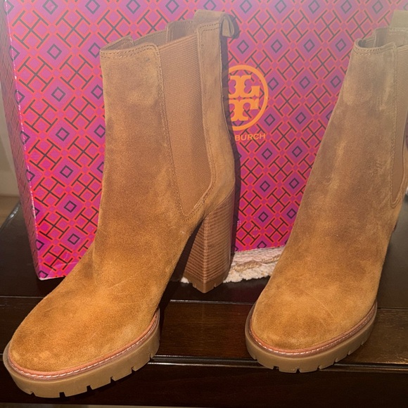 Tory Burch Shoes - Tory Burch Chestnut Suede Platform Chelsea Booties with Stacked Heel